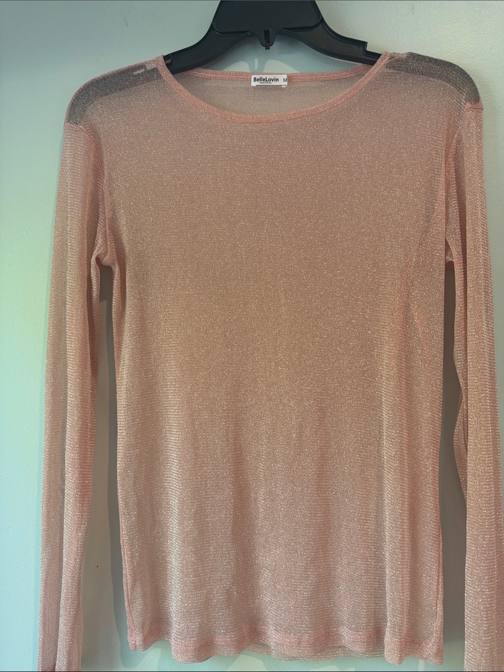 BelleLovin Sheer and Stretchy Shimmery Pink Layering Long Sleeve Top